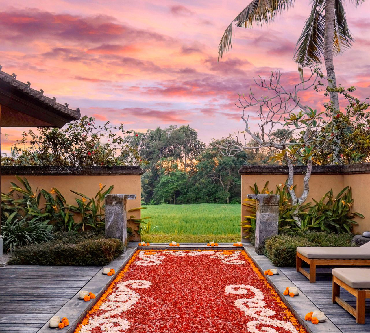 Enhance your tropical getaway with The Art of Flower Pool Elegance in your private pool villa, adorned with vibrant flower petals to celebrate your special occasion. 